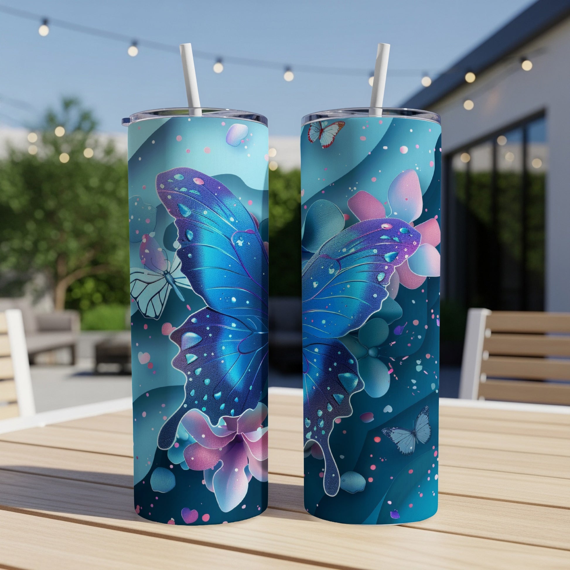 Two tumblers with a blue butterfly design sit on a table outdoors.