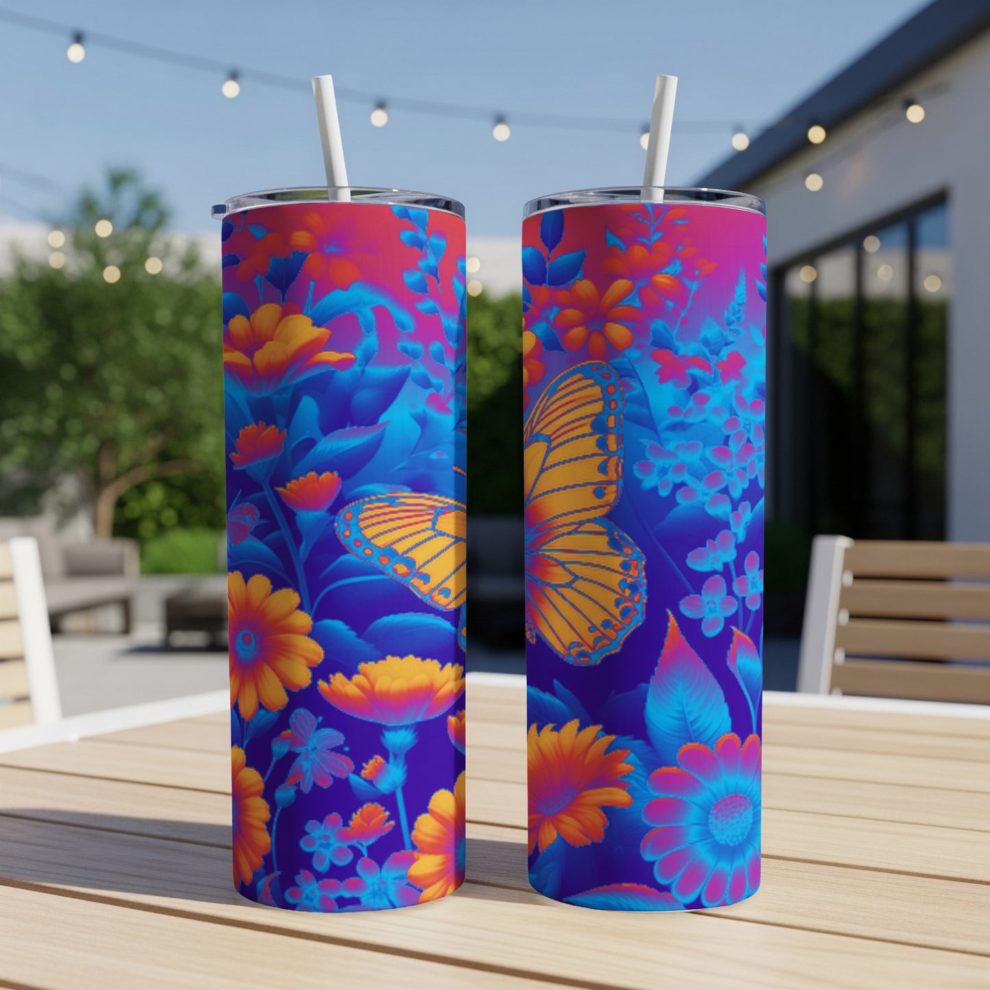Two tumblers with a vibrant floral and butterfly pattern sit on a table.