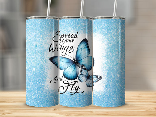 Three blue butterfly tumblers with "Spread Your Wings and Fly" text.