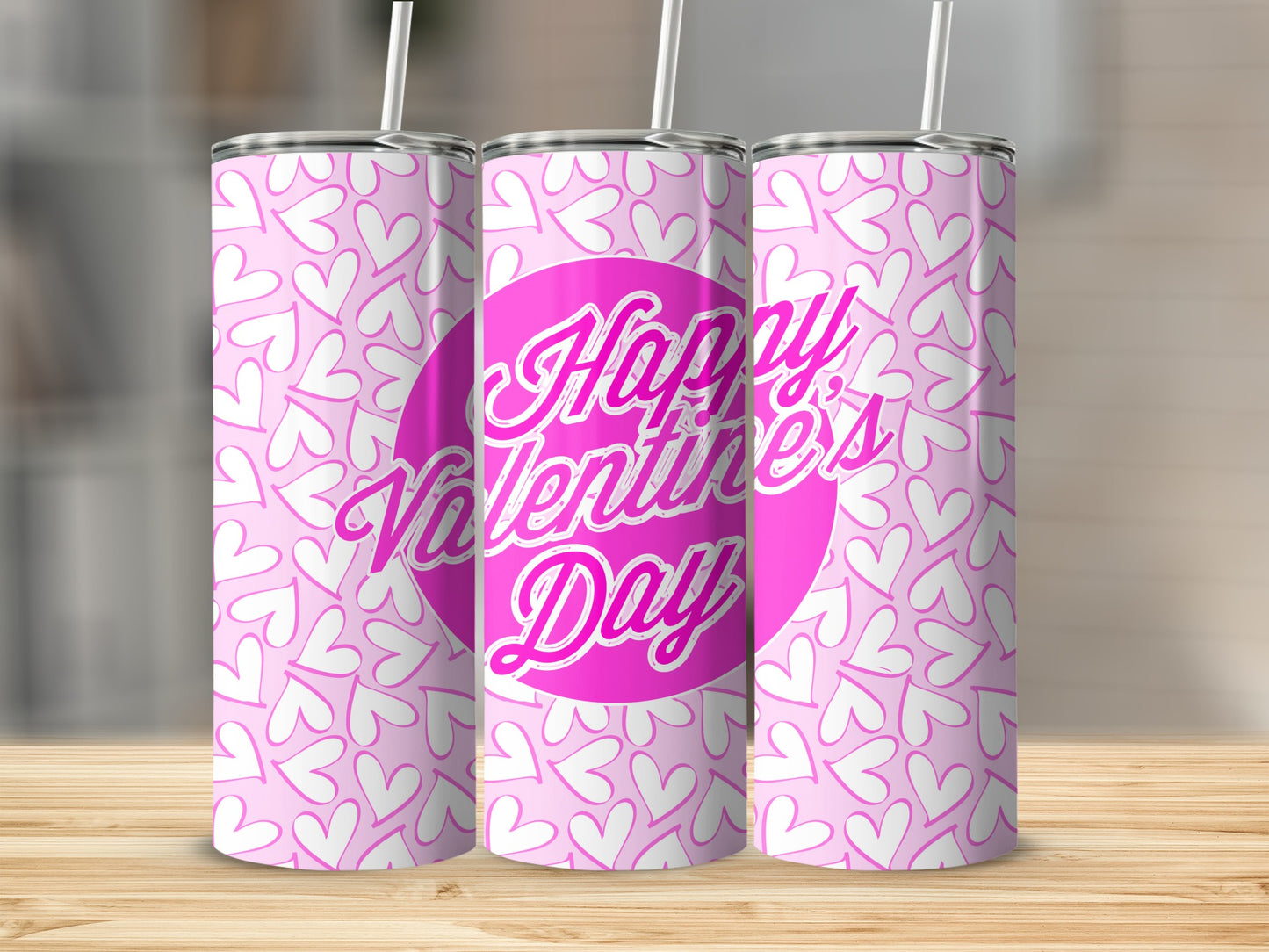 Happy Valentine's Day Tumbler with Pink Hearts Pattern