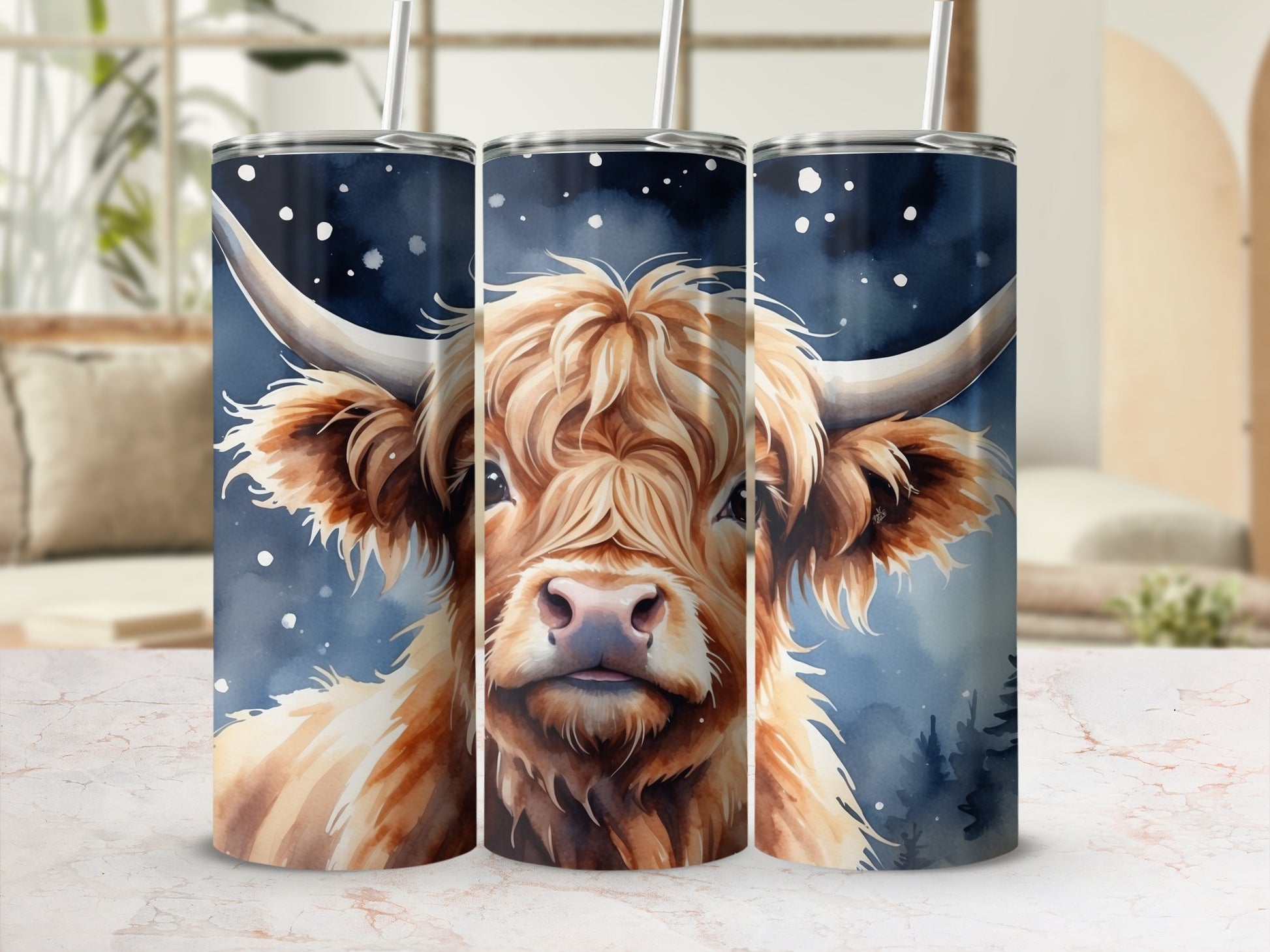 Highland cow with snowflakes and starry sky, detailed fur and horns.