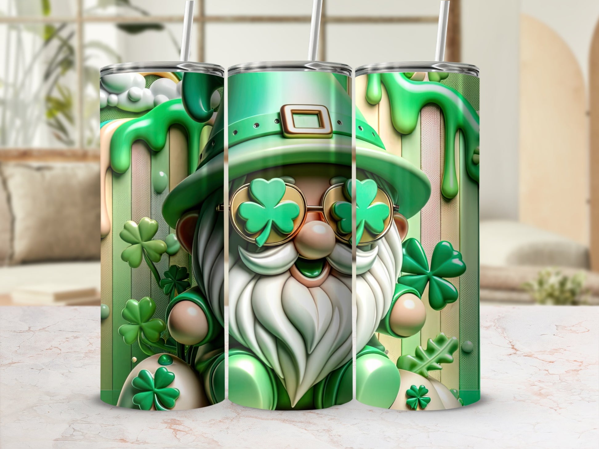 Green tumbler with shamrock-wearing gnome and dripping paint design.