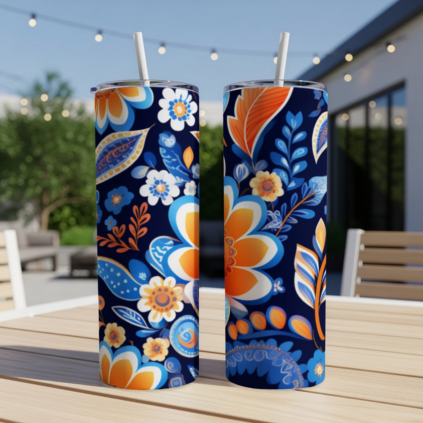 Two blue tumblers with floral patterns of orange, white, and blue on a wooden table.