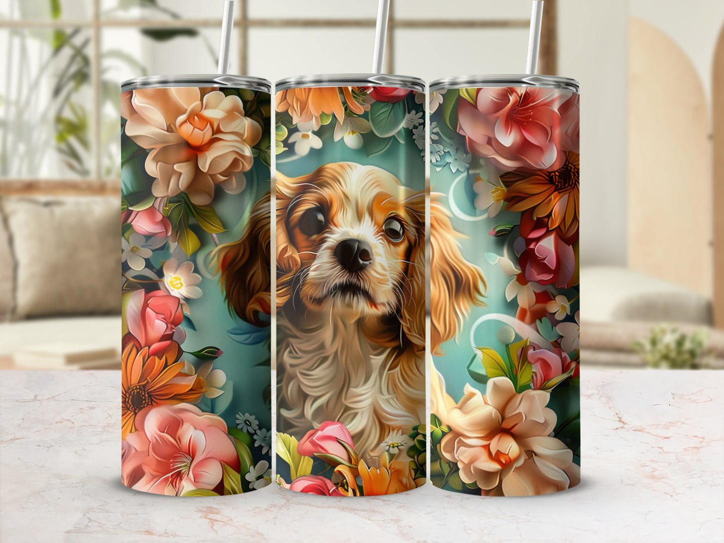 Cavalier King Charles Spaniel with floral background on a tumbler.