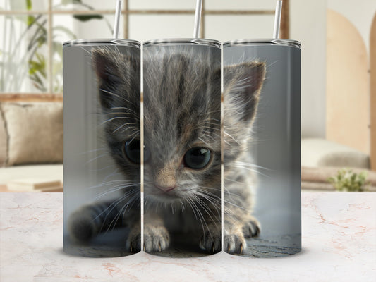 Three stainless steel tumblers featuring a close-up of a tabby kitten's face.