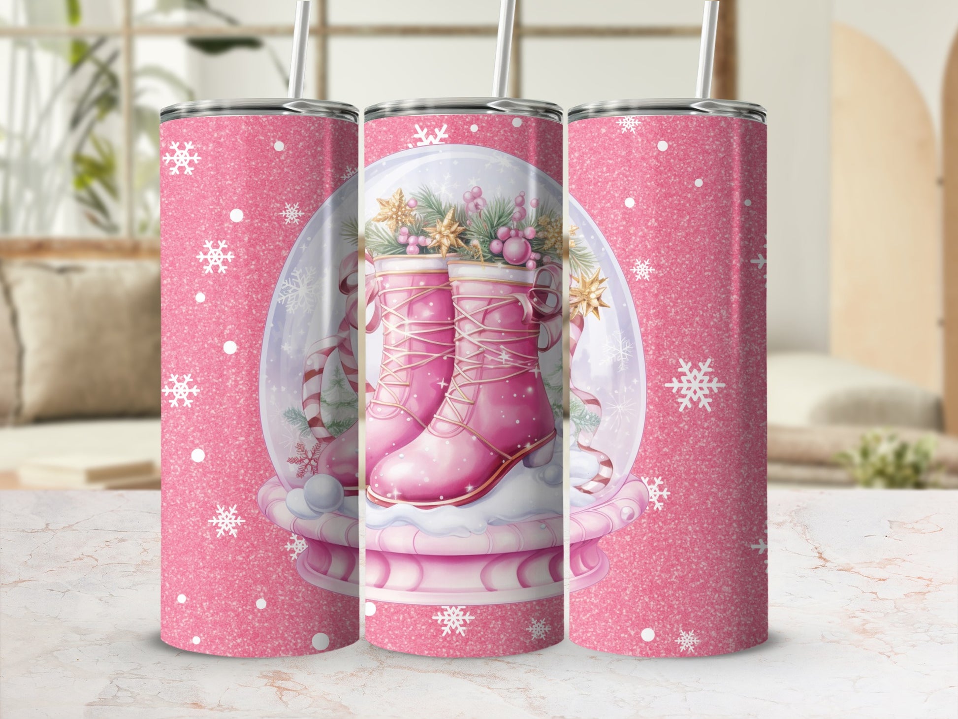 Pink Snowflake Winter Ice Skates Tumblers