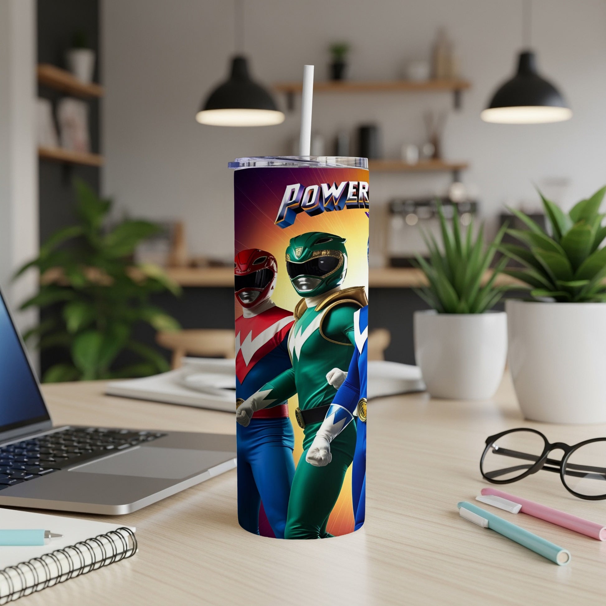 Two Power Rangers, Red and Green, on a tumbler with "Power Rangers" text.