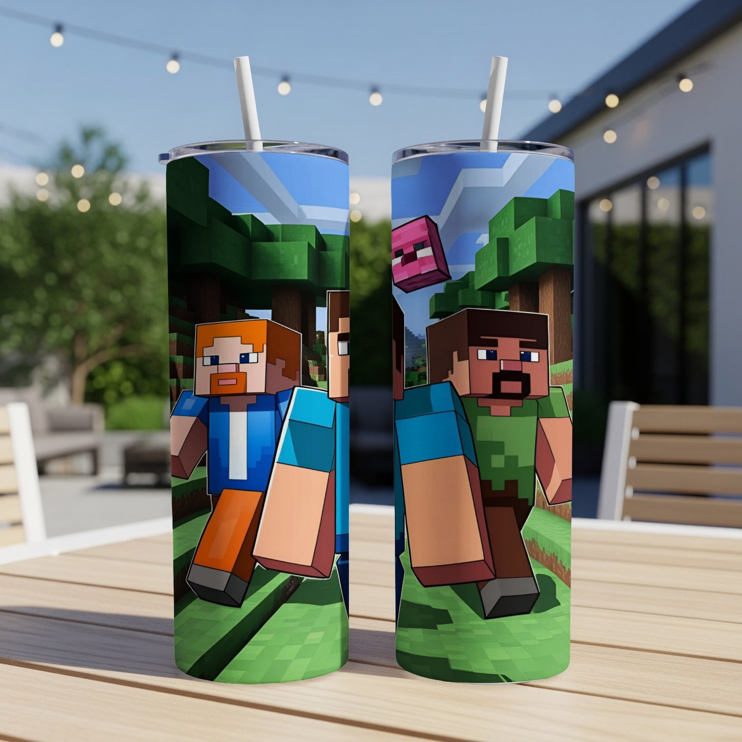 Minecraft characters Alex and Steve on a tumbler with a pixelated background.
