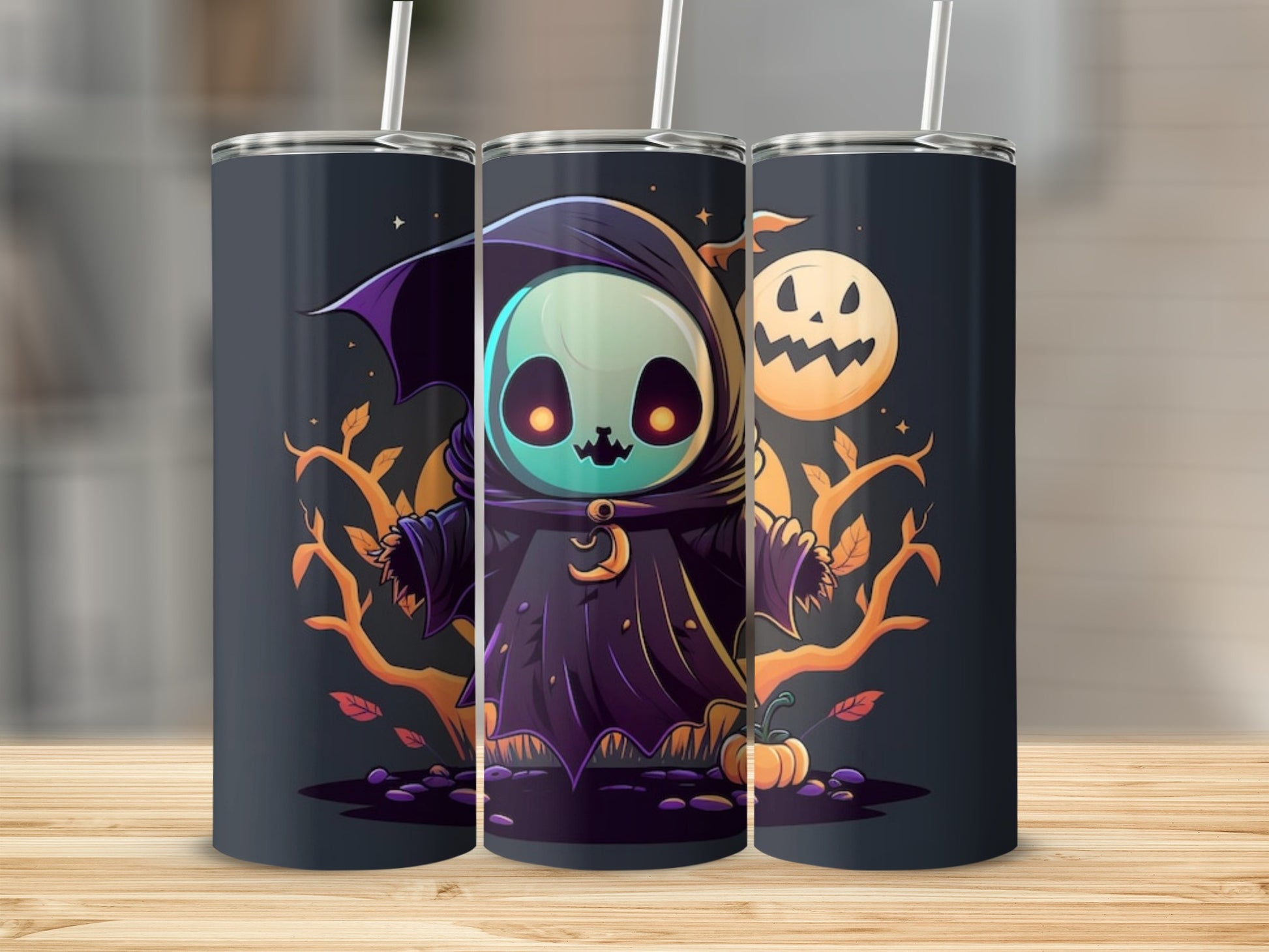 Three tumblers with a cute grim reaper and jack-o'-lantern Halloween design.