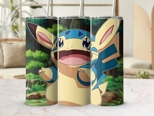 Pokemon character Pachirisu on a tumbler with a forest background.