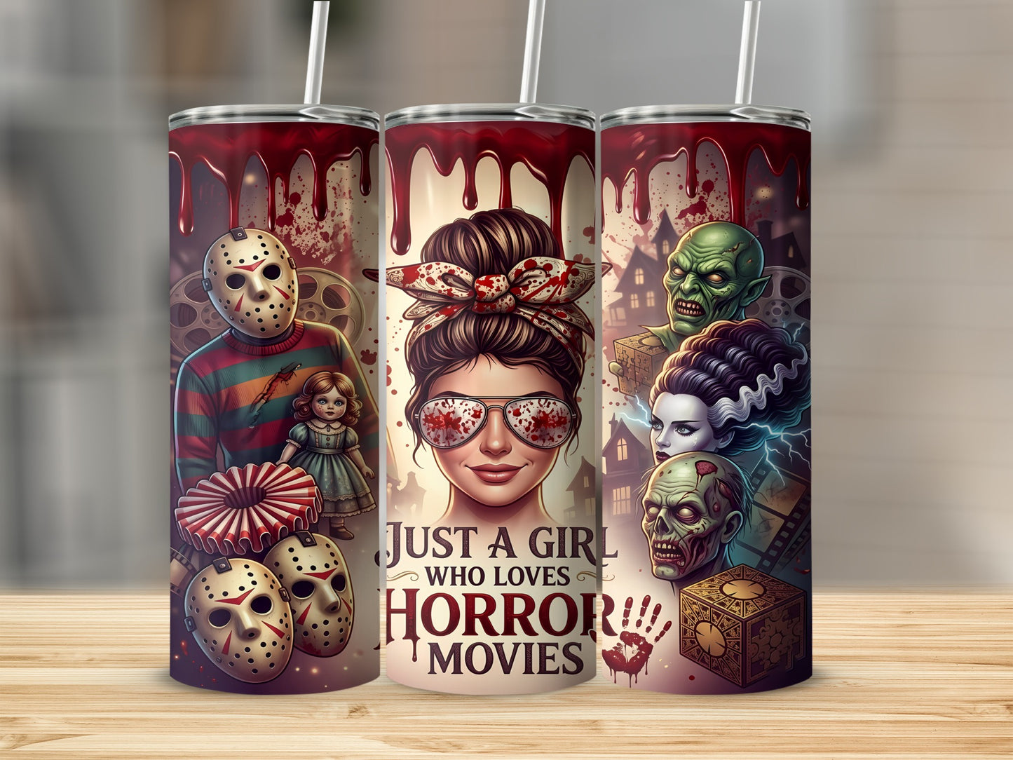 Tumbler with horror movie characters and the text "Just a girl who loves horror movies."