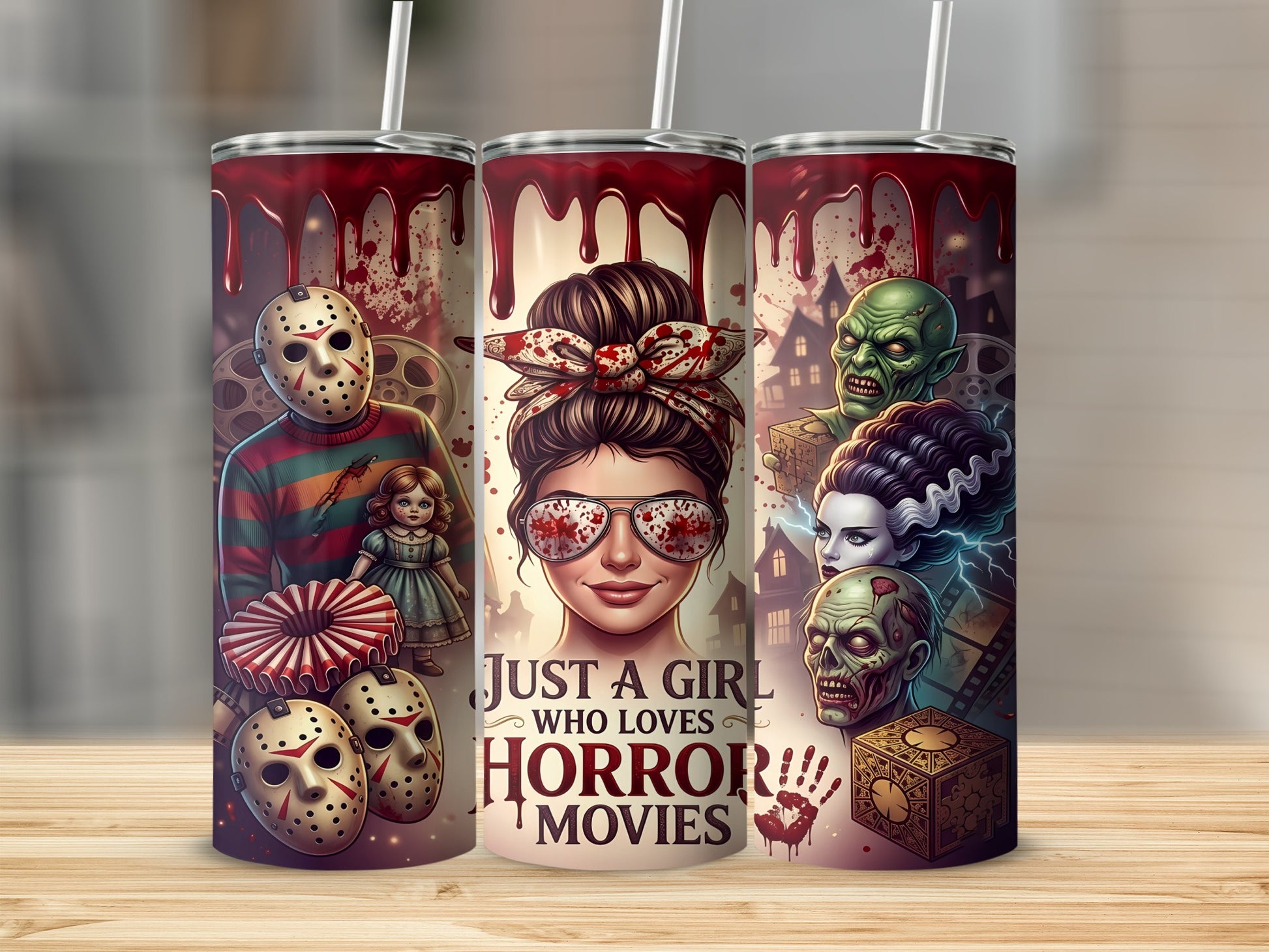 Tumbler with horror movie characters and the text "Just a girl who loves horror movies."
