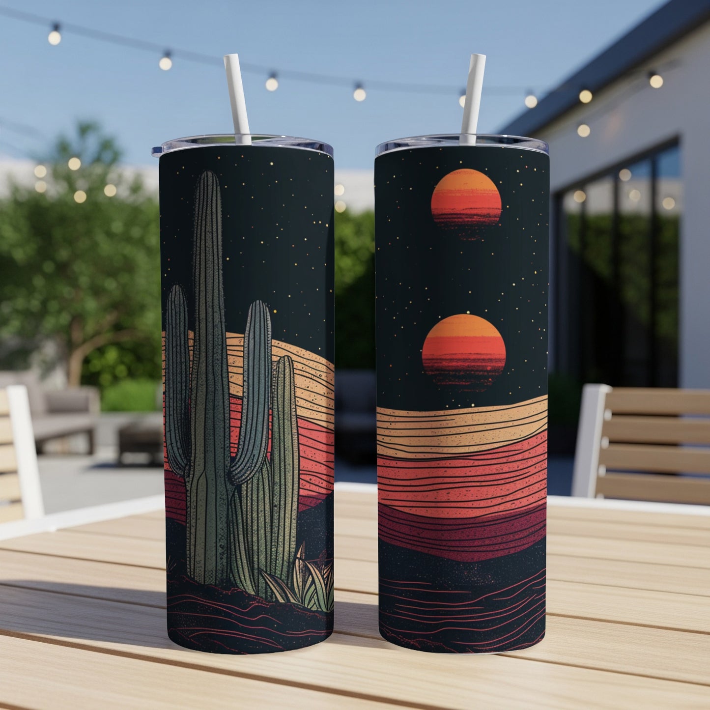 Two tumblers featuring a desert sunset with saguaro cactus and layered mountains.