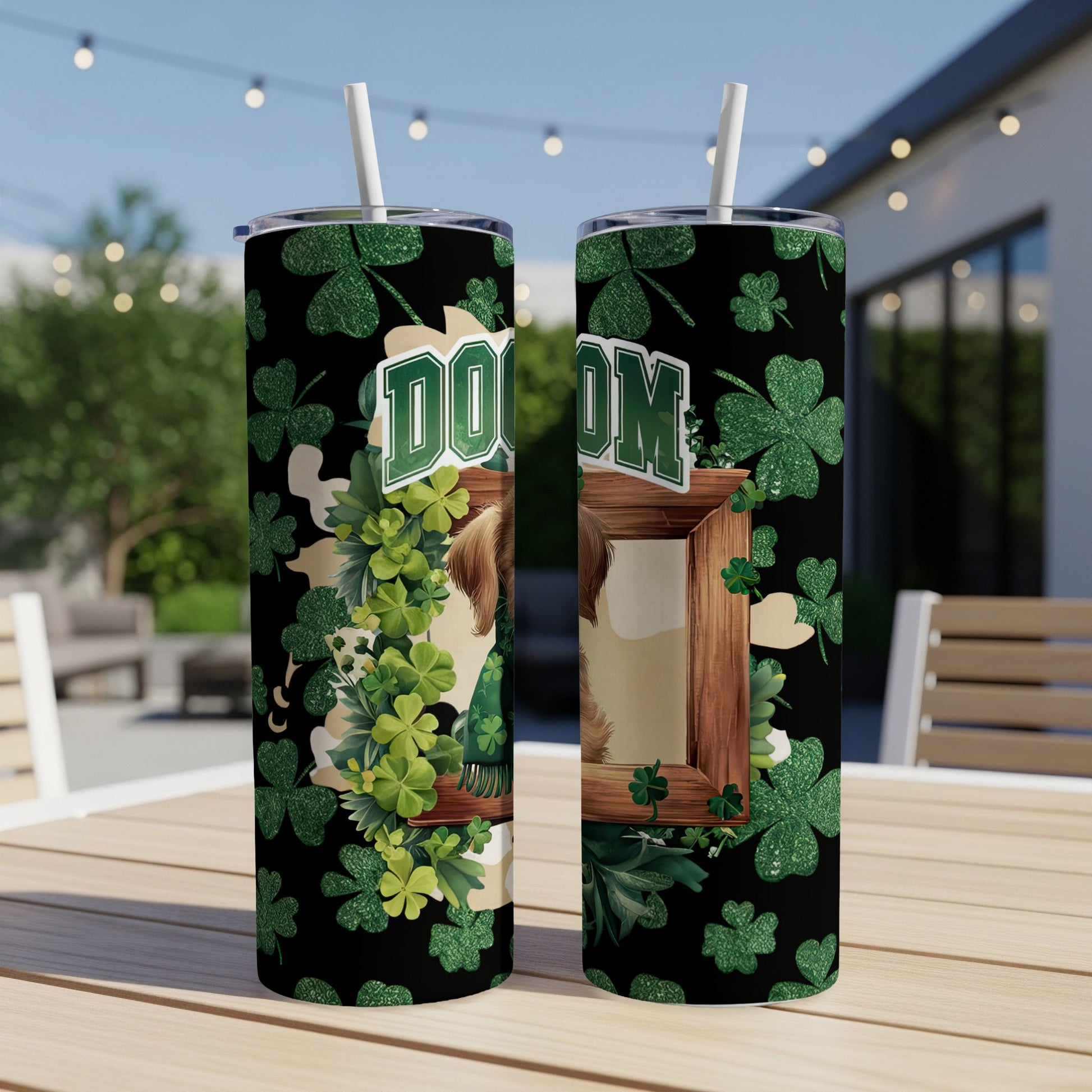 Green tumbler with shamrocks, dog portrait, and "DOG MOM" text.