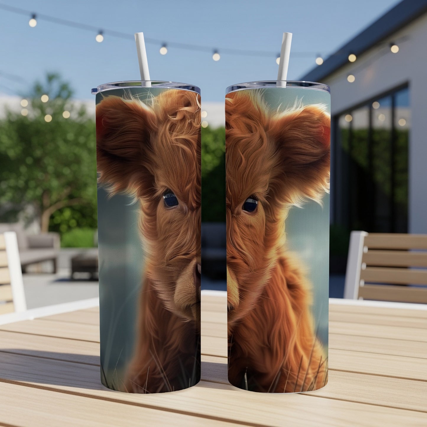 Two tumblers featuring a close-up portrait of a fluffy Highland calf.