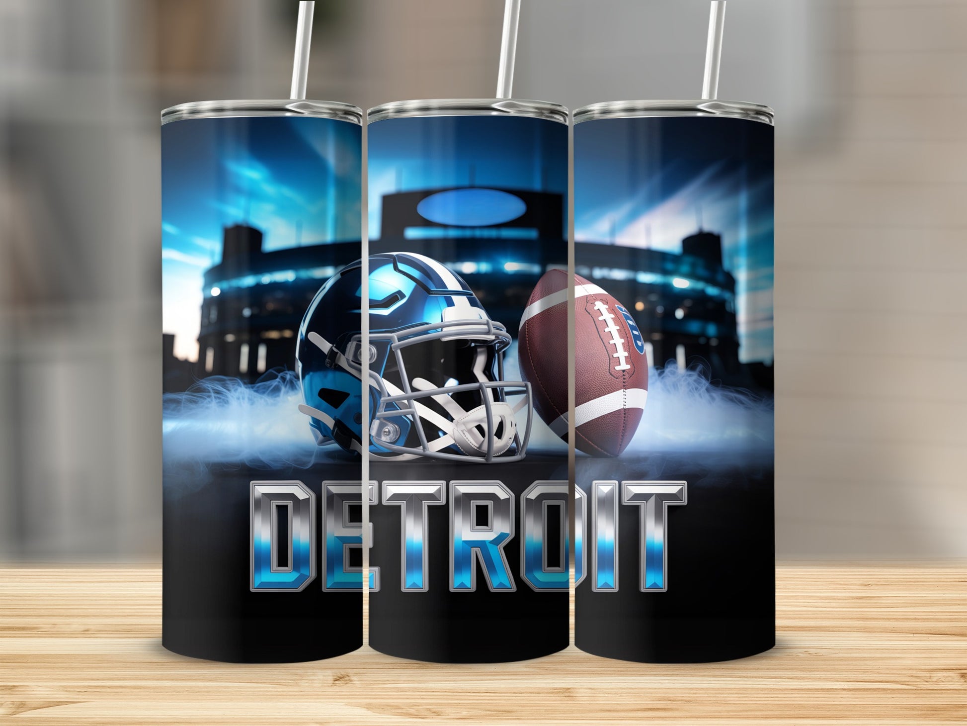 Detroit football helmet and ball against stadium backdrop on a tumbler.