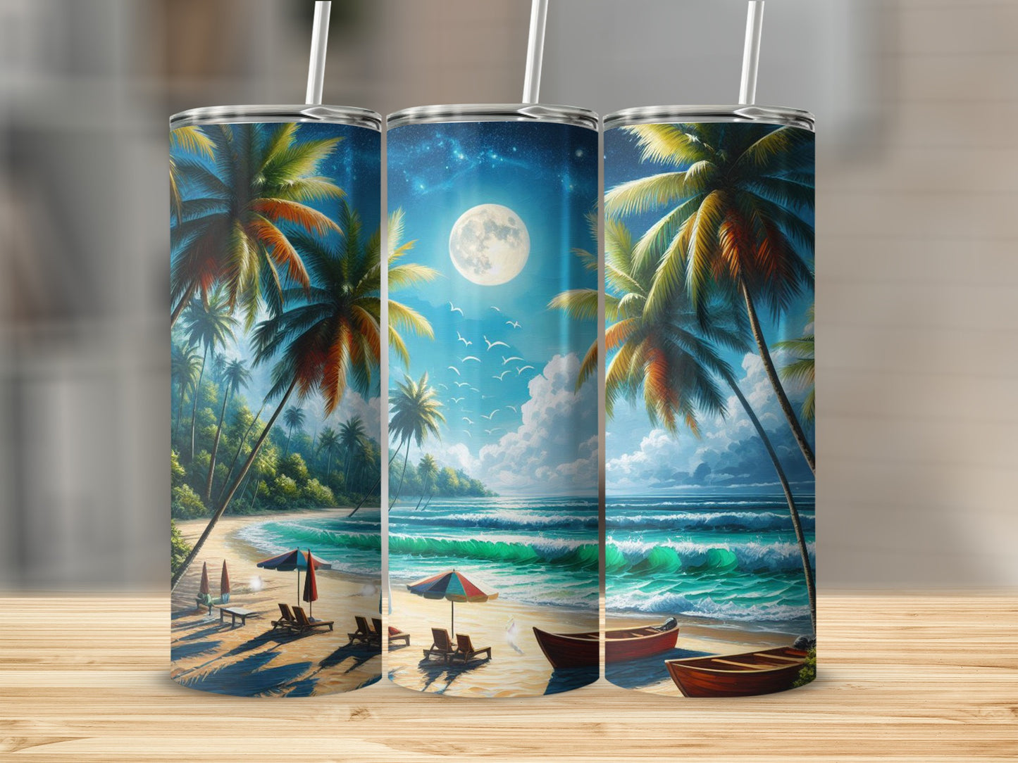 Three tumblers with a tropical beach scene and palm trees.