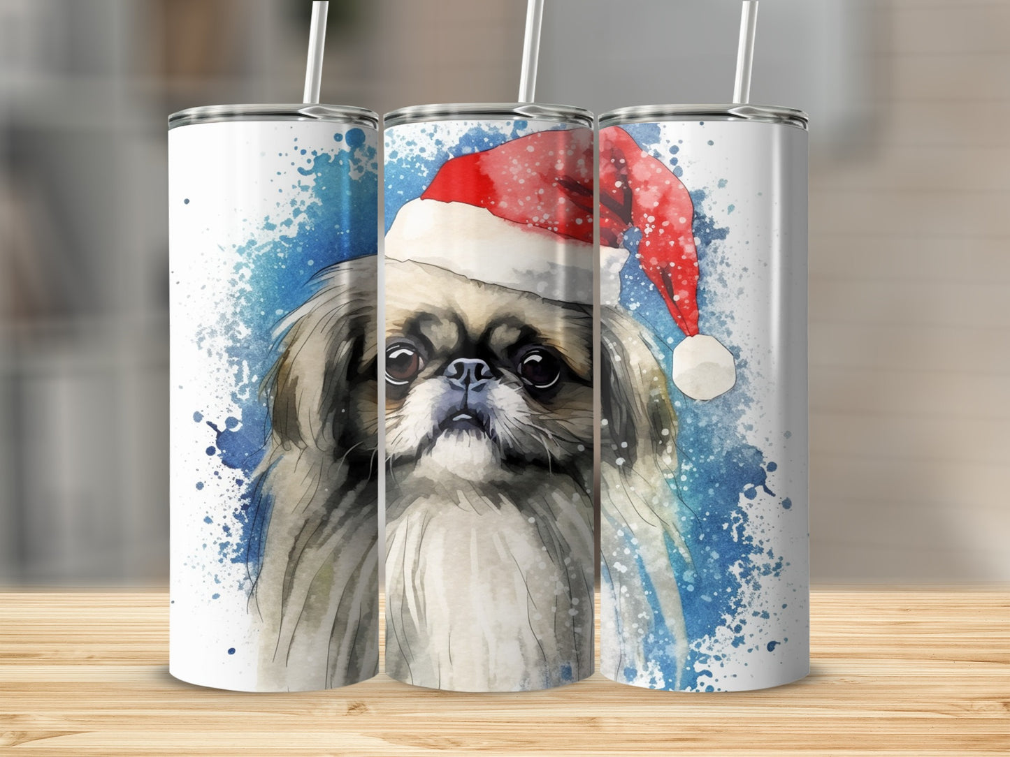 Watercolor Pekingese dog wearing a Santa hat on a blue background tumbler.