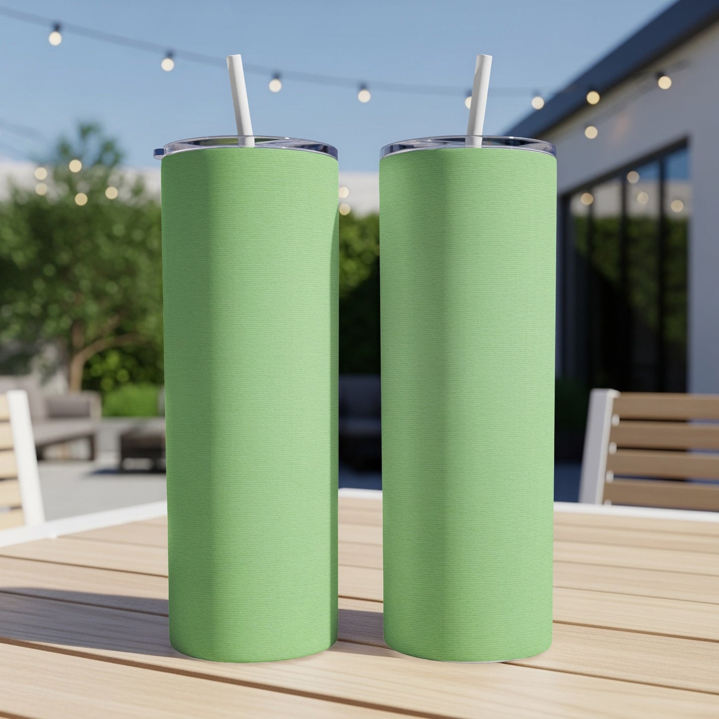 Two tall, solid green tumblers with white straws sit on a wooden table outdoors.