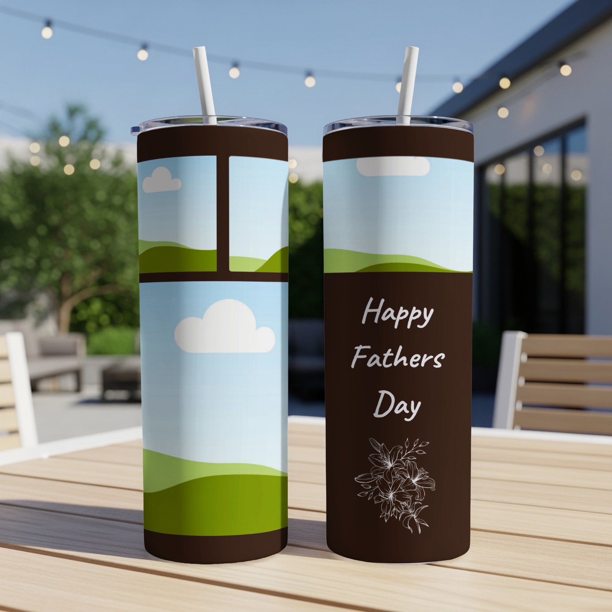 Two tumblers with brown bases, one with a landscape scene, the other with "Happy Fathers Day" text.