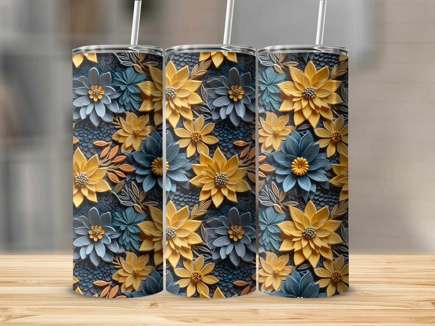 Vibrant Blue and Yellow Floral Pattern Tumbler