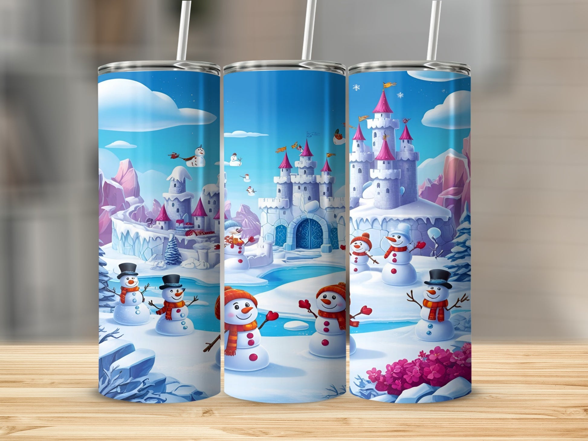Snowman castle scene with snowmen, on a skinny tumbler.