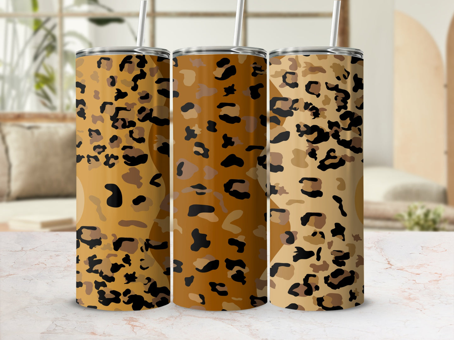 Stylish Leopard Print Stainless Steel Tumbler Set