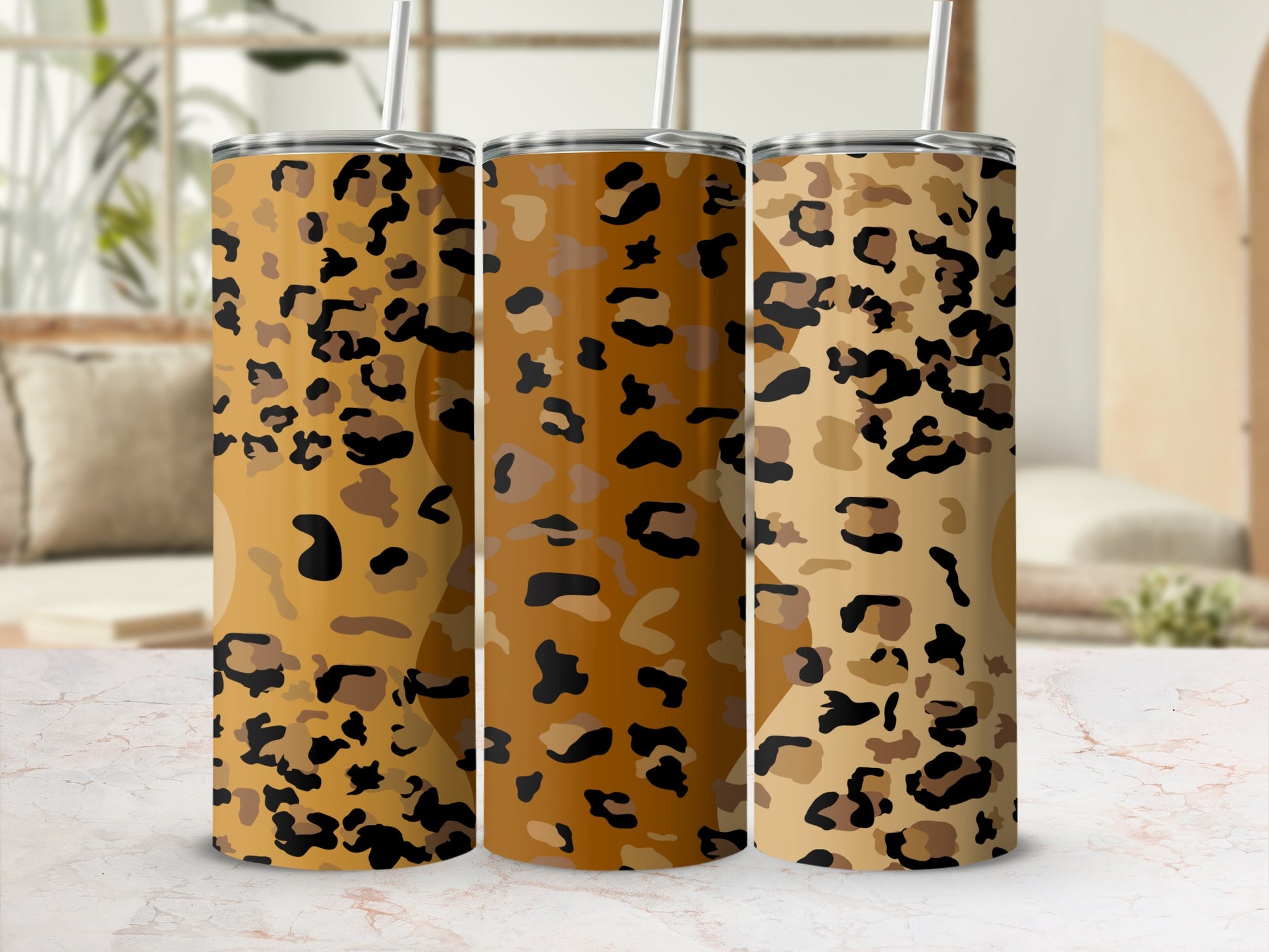 Stylish Leopard Print Stainless Steel Tumbler Set