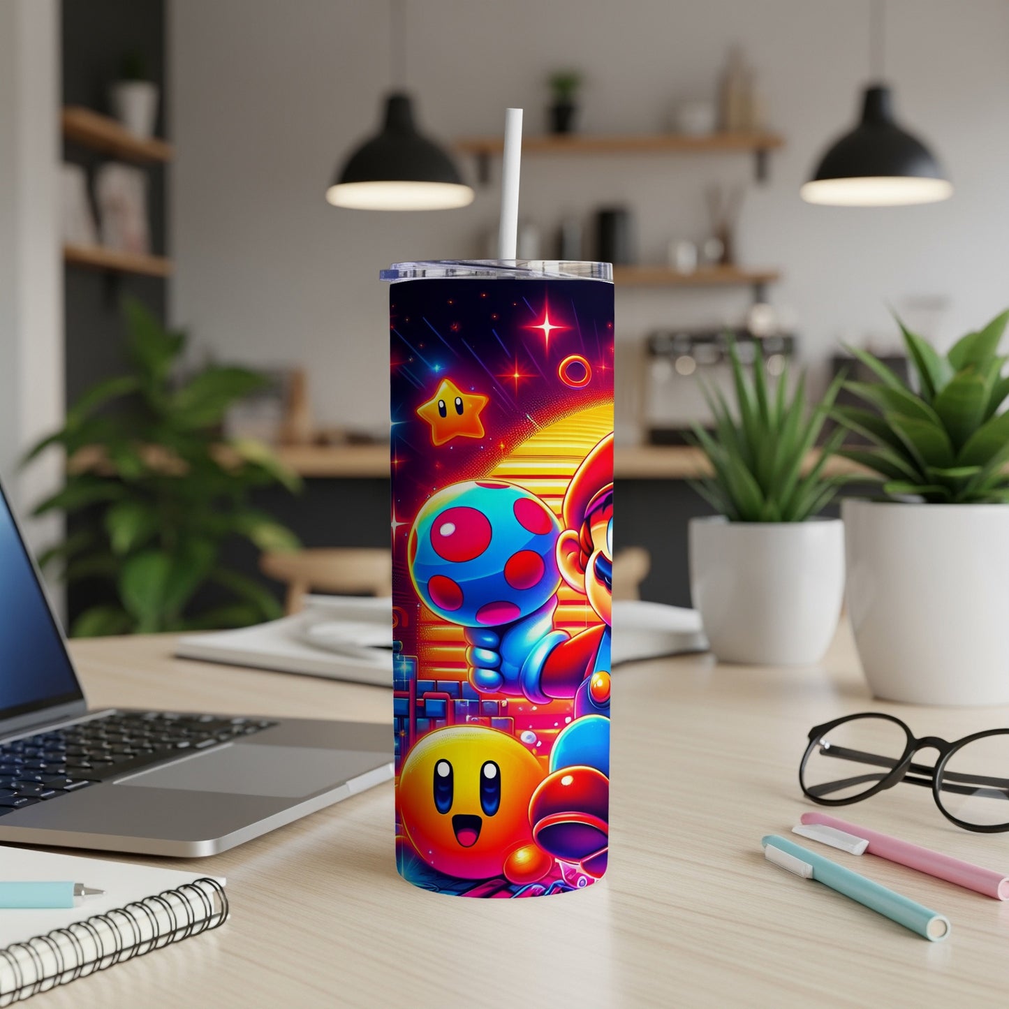 Super Mario characters on a starry, colorful tumbler with a straw.