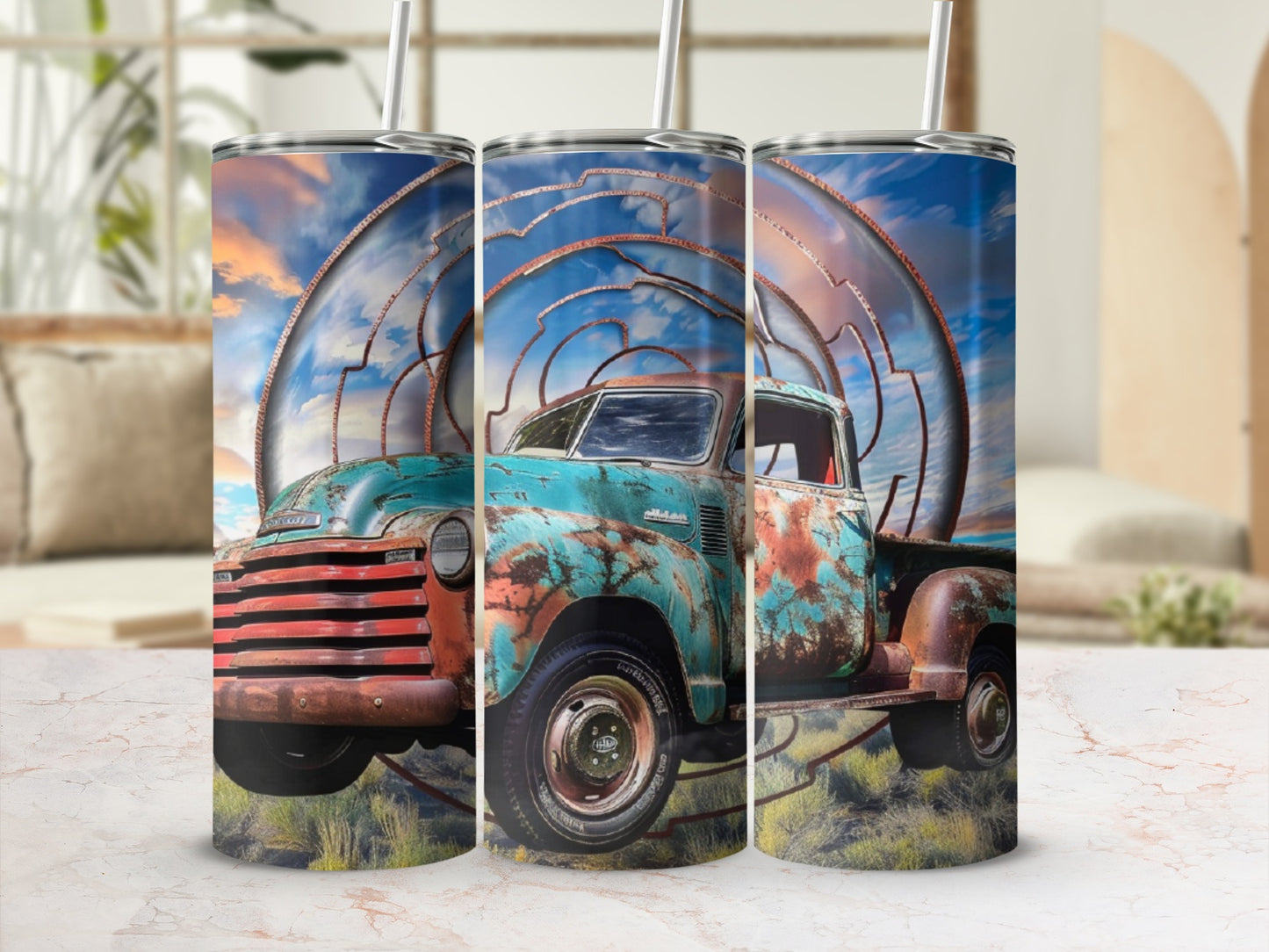 Vintage turquoise truck with rust under a swirling sky.