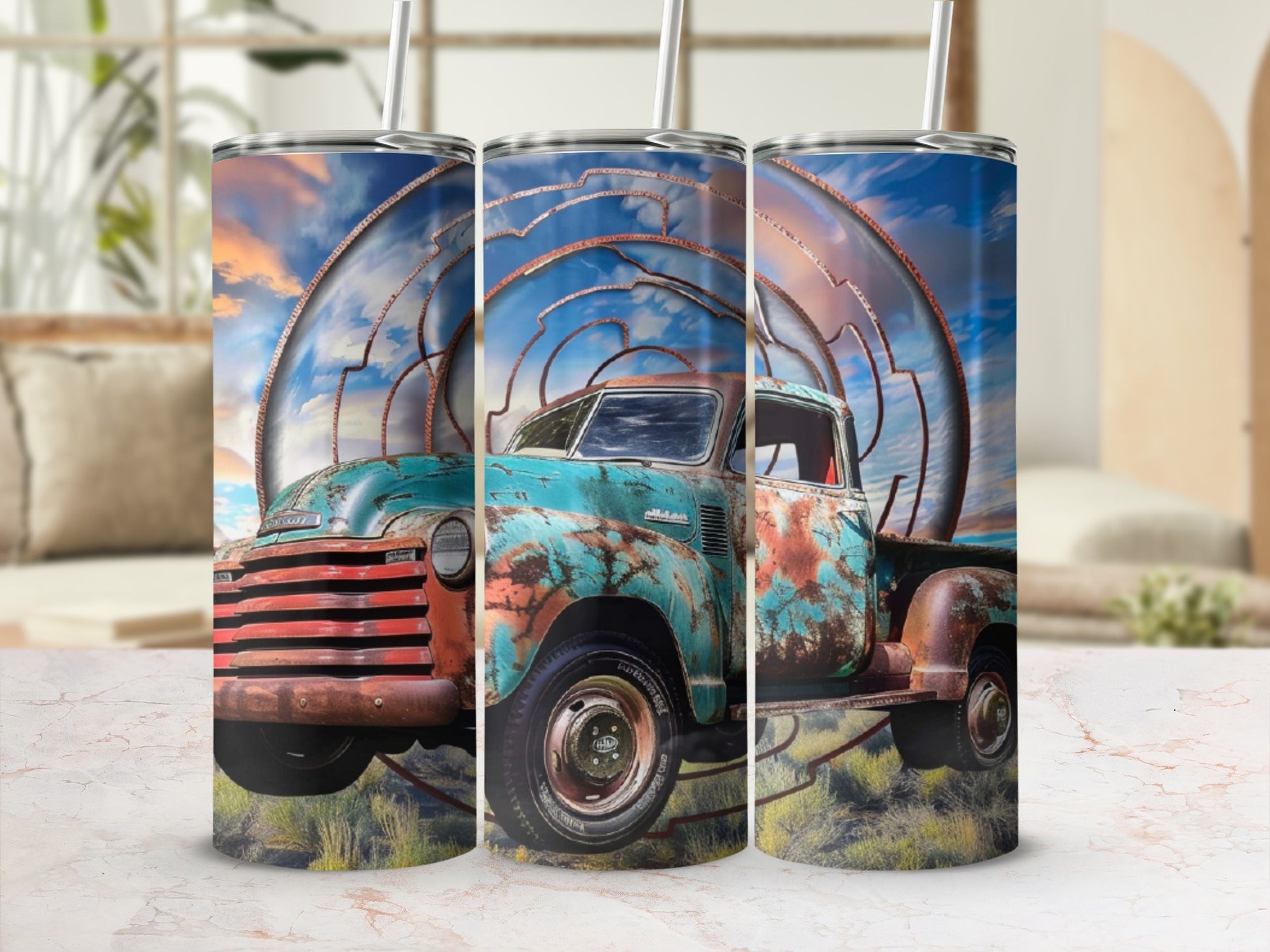 Vintage turquoise truck with rust under a swirling sky.