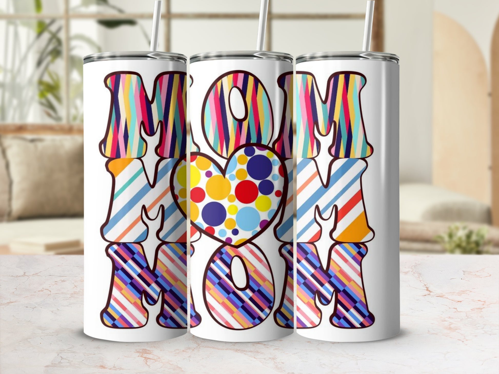 Colorful Striped MOM with Heart Design Tumbler Cup