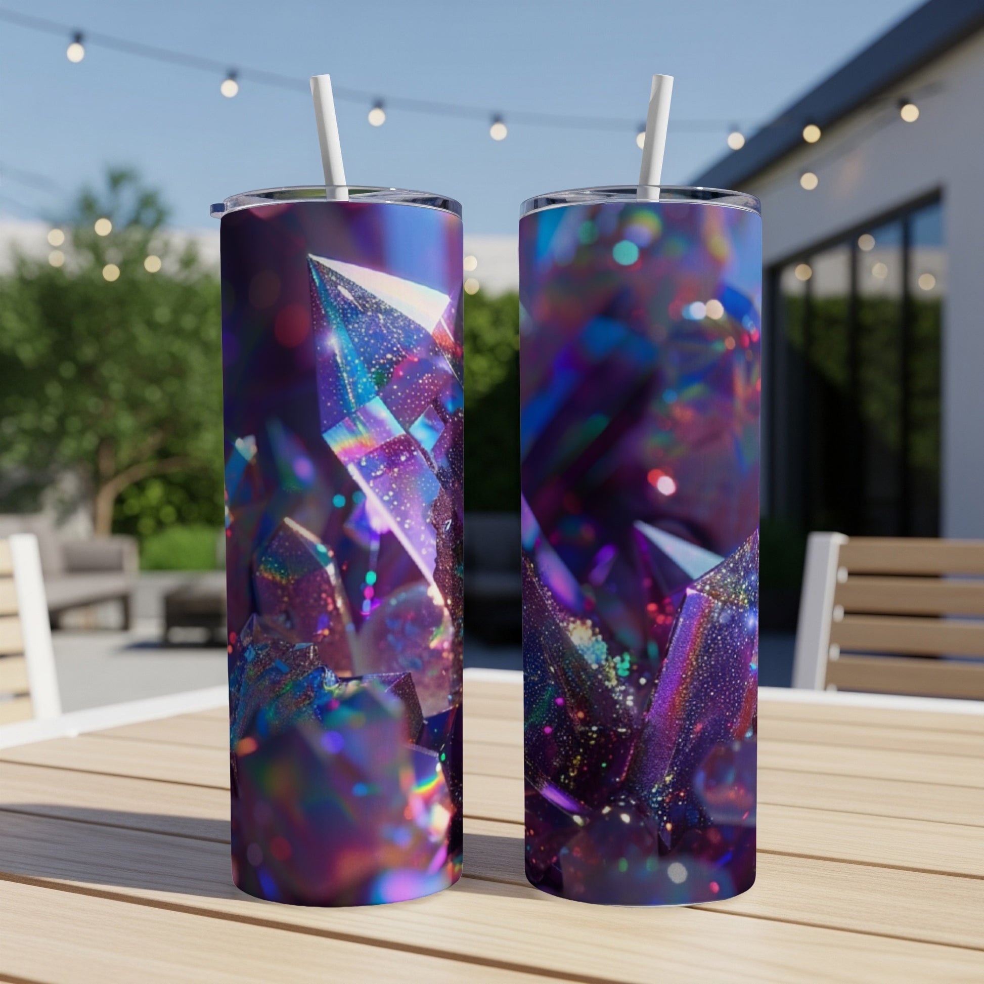 Two tall tumblers with a prismatic crystal design and straws.