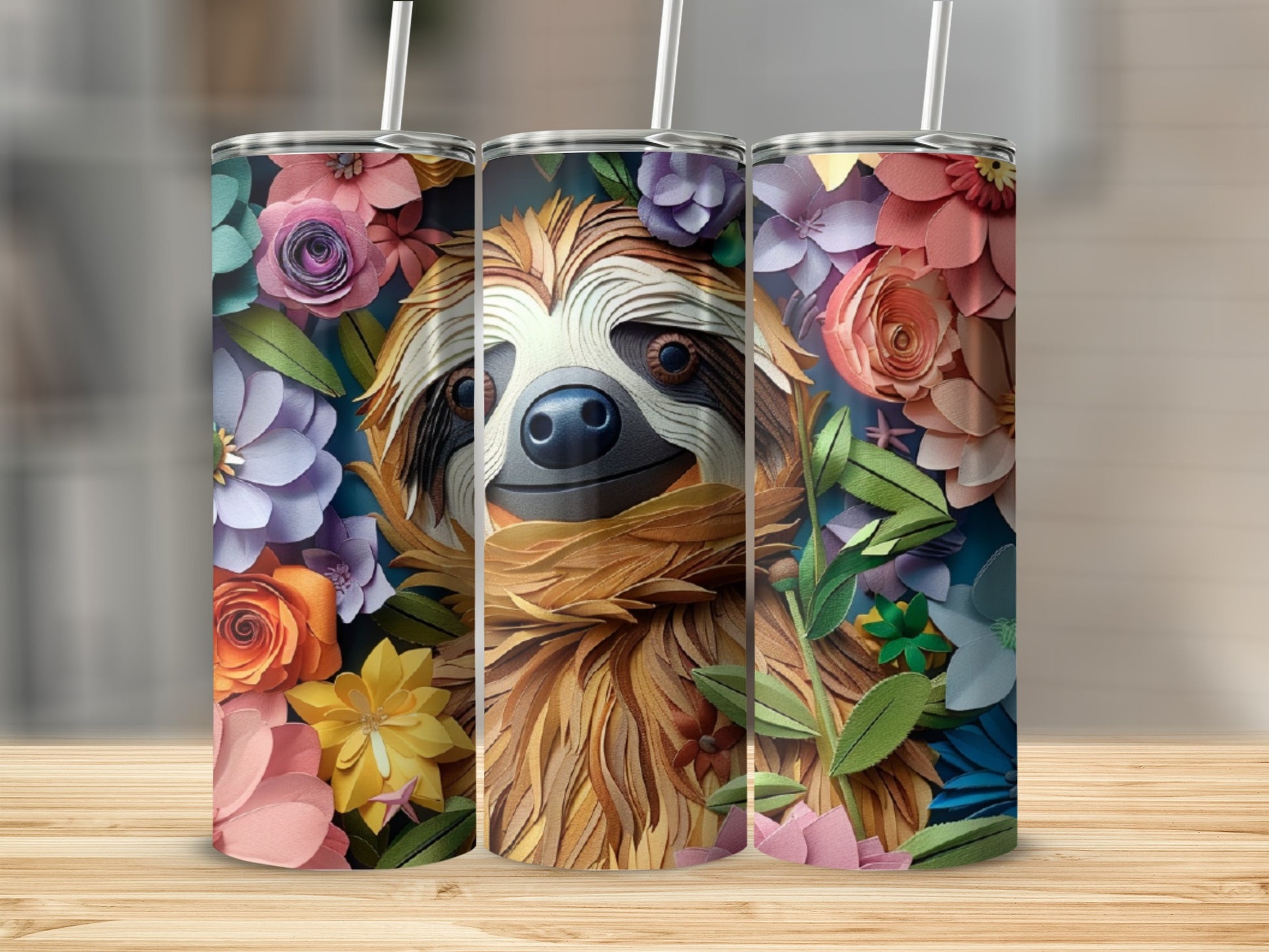 Sloth surrounded by colorful flowers and leaves on a skinny tumbler.