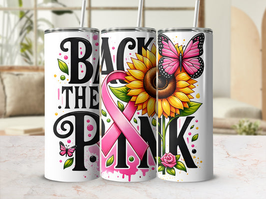 Tall tumbler with sunflower, butterfly, and "BACK THE PINK" text.