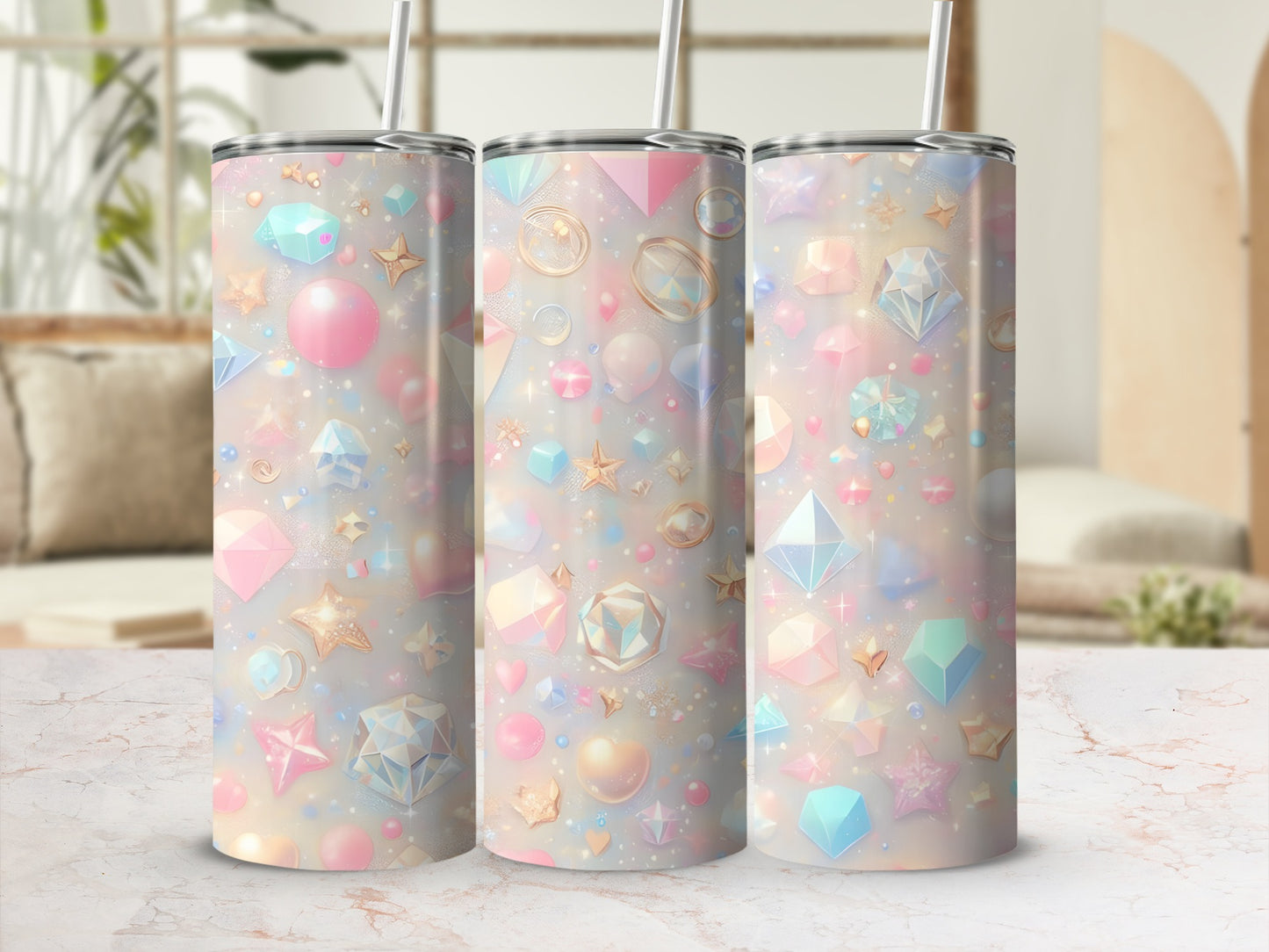 Three tumblers with a pastel gemstone and star pattern.