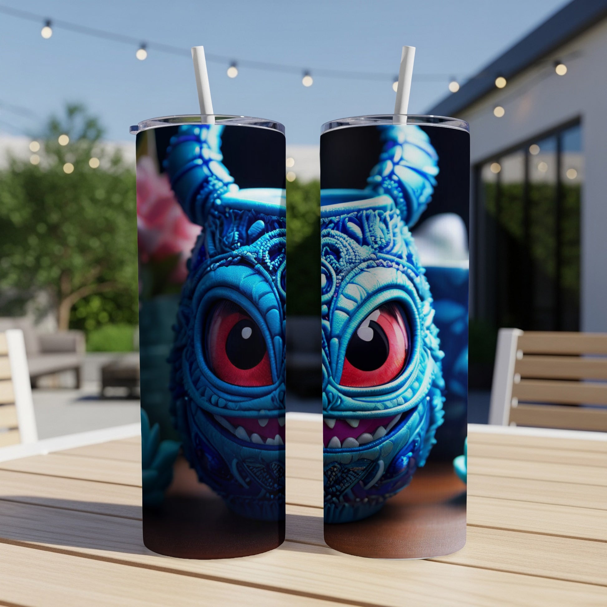 Blue monster tumbler with large red eyes on an outdoor table.