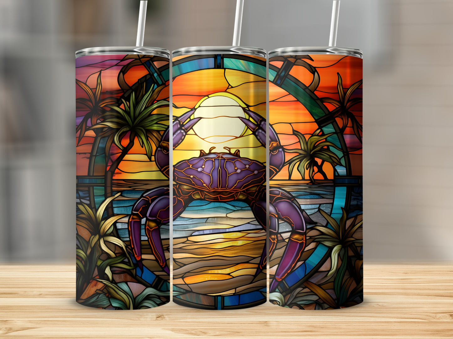Stained glass tumbler with purple crab and sunset beach scene.