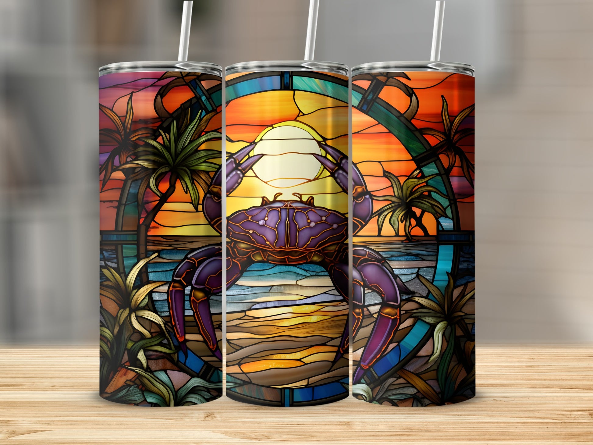 Stained glass tumbler with purple crab and sunset beach scene.