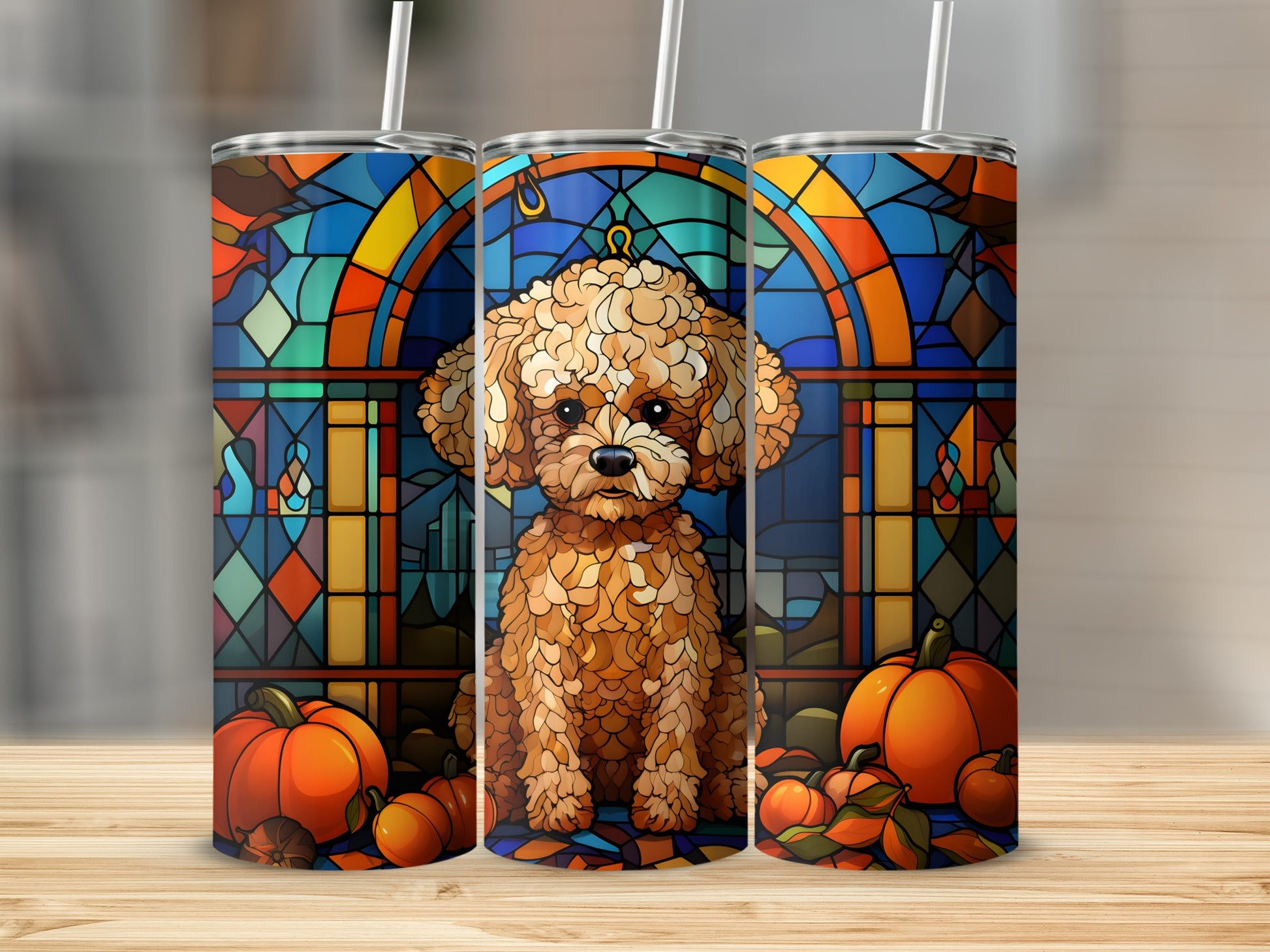 Three tumblers with a poodle and pumpkins against stained glass.