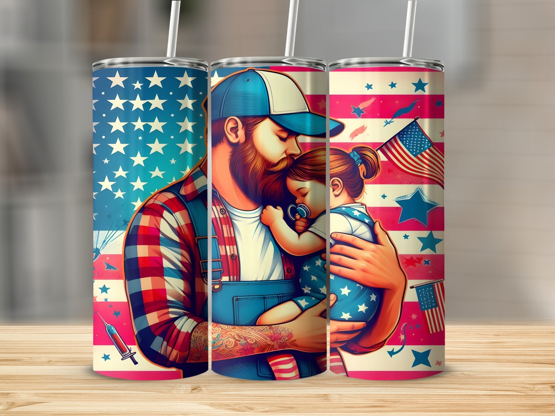 Father holding sleeping baby with patriotic American flag background.