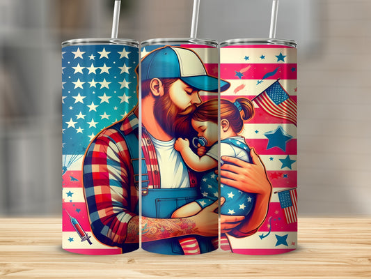 Father holding sleeping baby with patriotic American flag background.