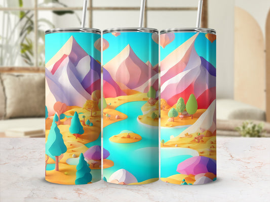 Three tumblers with a colorful mountain landscape and river design.