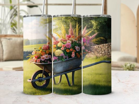 Wheelbarrow filled with colorful flowers in a garden setting.