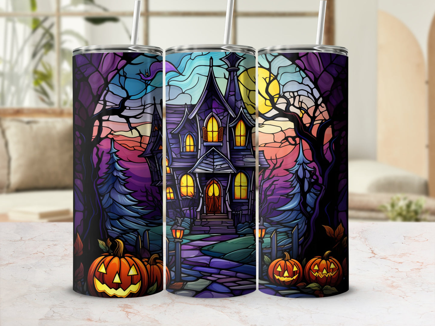 Haunted house with pumpkins and spooky trees under a twilight sky.