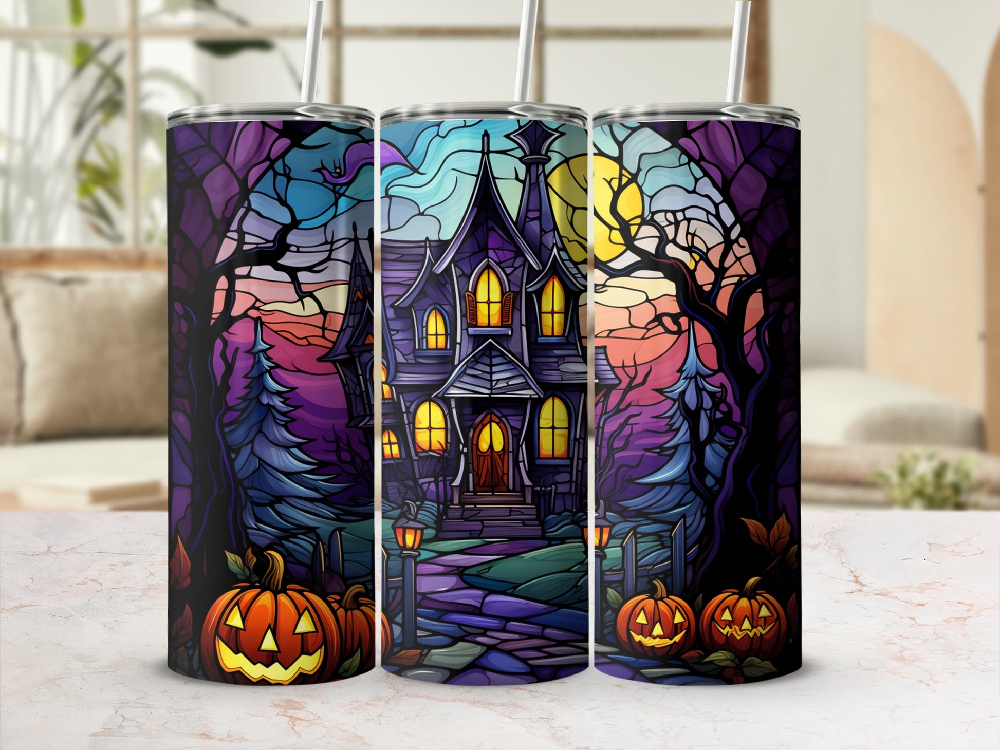 Haunted house with pumpkins and spooky trees under a twilight sky.