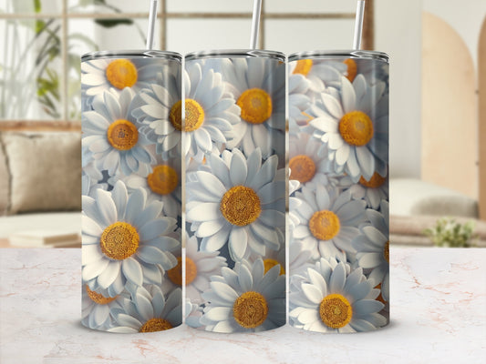 Tumbler with a close-up pattern of white daisies with yellow centers.