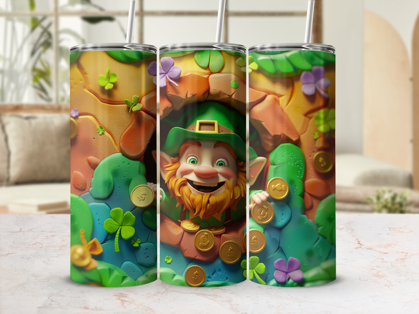 Leprechaun in a cave filled with gold coins and clovers.