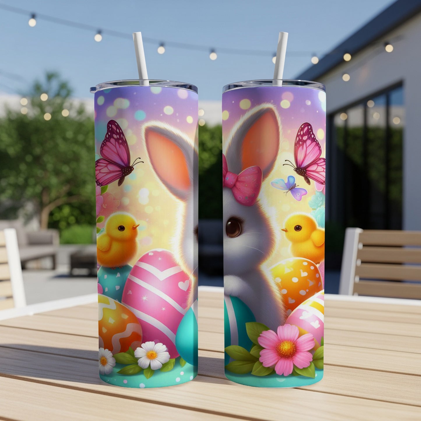 Easter bunny, chicks, eggs, and butterflies on a tumbler.