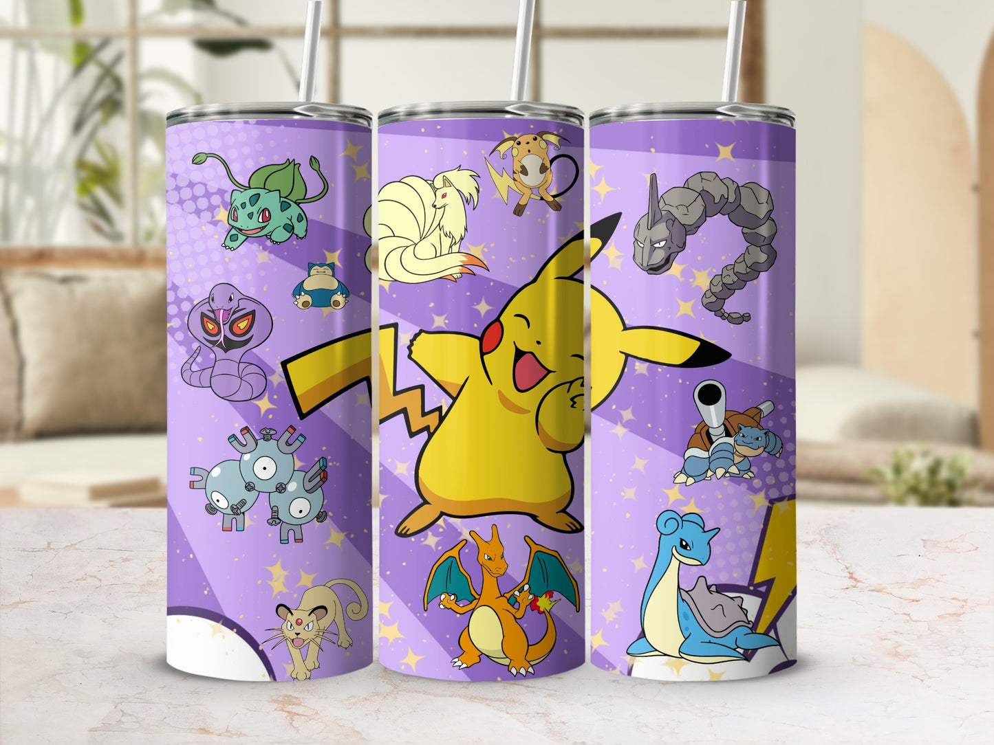 Cute Pikachu And Friends Purple Themed Tumbler Cup